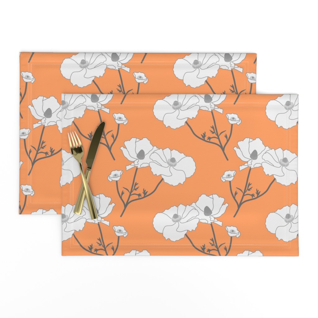 Floating Oriental Floral - silver white on papaya, medium to large 