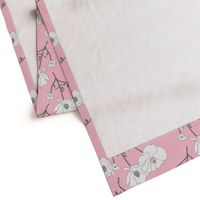 Floating Oriental Floral - silver white on baby pink, medium to large 