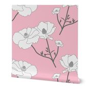 Floating Oriental Floral - silver white on baby pink, medium to large 