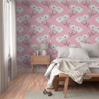 Floating Oriental Floral - silver white on baby pink, medium to large 
