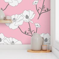 Floating Oriental Floral - silver white on baby pink, medium to large 