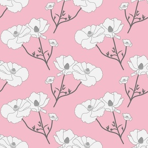 Floating Oriental Floral - silver white on baby pink, medium to large 