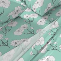 Floating Oriental Floral - silver white on mint, medium to large 