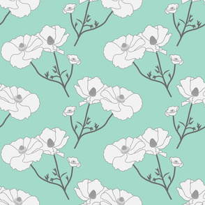 Floating Oriental Floral - silver white on mint, medium to large 