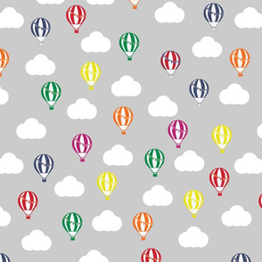 Light Grey Fabric with Hot Air Balloons and Clouds