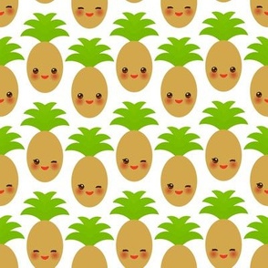 cute Kawaii pineapple with wink eyes and pink cheeks, on white background trend of the season. 