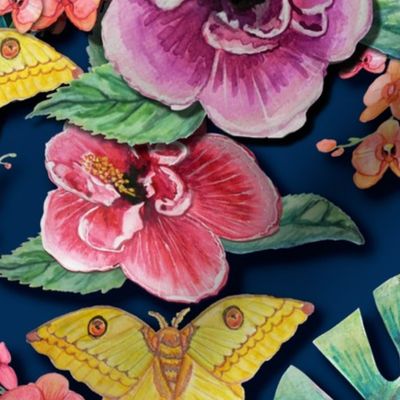 Tropical Jungle Flowers and moths on dark blue // hibiscus, moth, orchid and palm leaf fabric and wallpaper