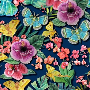 Tropical Jungle Flowers and moths on dark blue // hibiscus, moth, orchid and palm leaf fabric and wallpaper