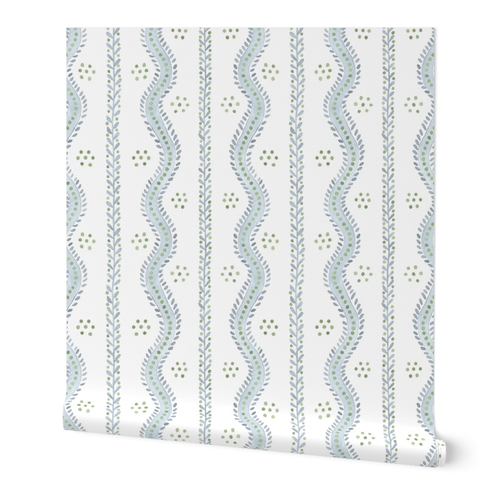 ANDREW STRIPE Soft Blue and Greens on White
