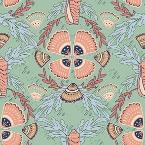 Seashell Damask Navy Peach Sage Medium Scale