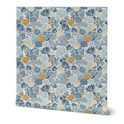 Shell Reef- Seashells on the ocean floor- Gold Isabelline shells in Blue Coral Reef on Honeydew White- Regular Scale