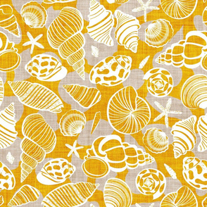 Normal scale // Sea treasures // goldenrod yellow faux texture background greige shadows white delineated seashells