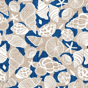 Normal scale // Sea treasures // greige faux texture background classic blue shadows white delineated seashells