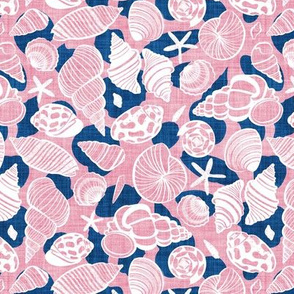 Small scale // Sea treasures // pink faux texture background classic blue shadows white delineated seashells