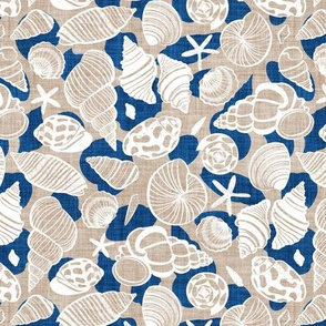 Small scale // Sea treasures // greige faux texture background classic blue shadows white delineated seashells