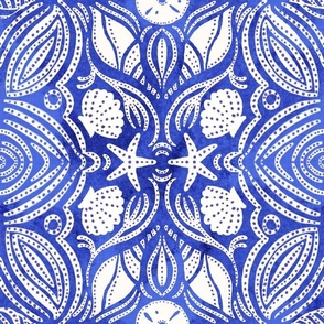 Seashell Block print on electric blue Tie Die