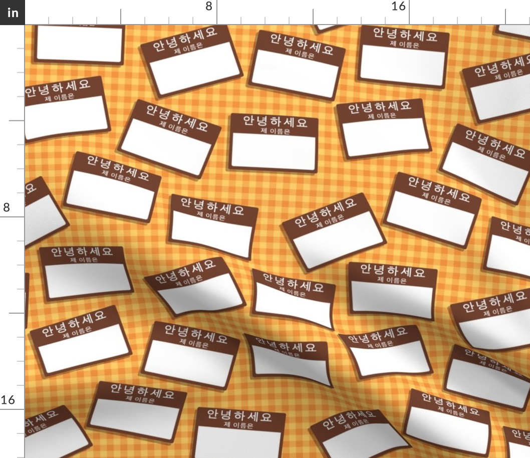 Scattered Korean 'hello my name is' nametags - brown on orange and yellow gingham