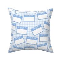 Scattered Korean 'hello my name is' nametags - baby blue on pale blue gingham