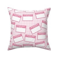 Scattered Korean 'hello my name is' nametags - pink on pink gingham