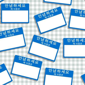 Scattered Korean 'hello my name is' nametags - blue on grey gingham