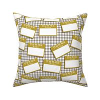 Scattered Korean 'hello my name is' nametags - mustard on grey gingham