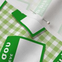 Scattered Greek 'hello my name is' nametags - green on gingham