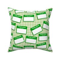 Scattered Greek 'hello my name is' nametags - green on gingham