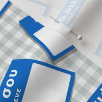 Scattered Greek 'hello my name is' nametags - blue on gingham
