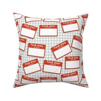 Scattered Greek 'hello my name is' nametags - red on grey gingham
