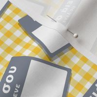 Scattered Greek 'hello my name is' nametags - grey on yellow gingham