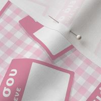 Scattered Greek 'hello my name is' nametags - light pink on baby pink gingham