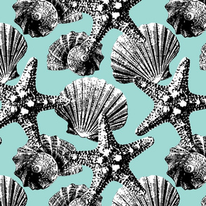 Seashells vintage graphic black white pastel turquoise Wallpaper