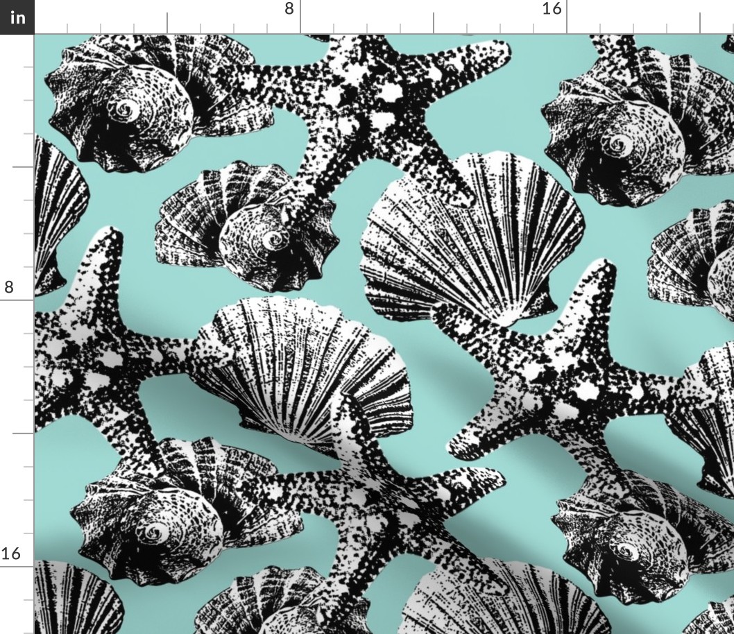 Seashells vintage graphic black white pastel turquoise Wallpaper