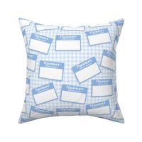 Scattered Russian 'hello my name is' nametags - light blue on baby blue gingham