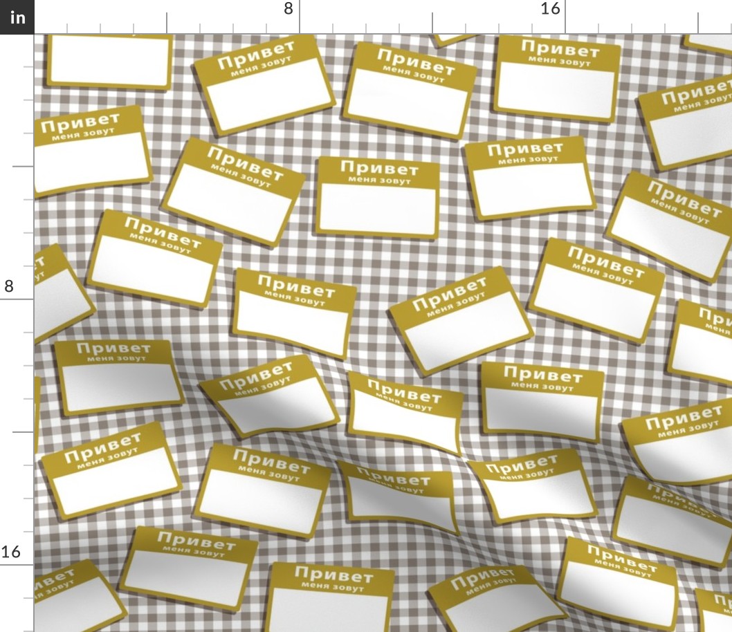 Scattered Russian 'hello my name is' nametags - mustard  on grey gingham