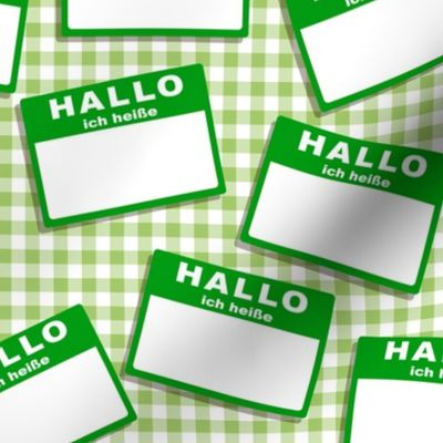 Scattered German 'hello my name is' nametags - green on gingham