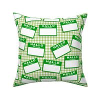 Scattered German 'hello my name is' nametags - green on gingham