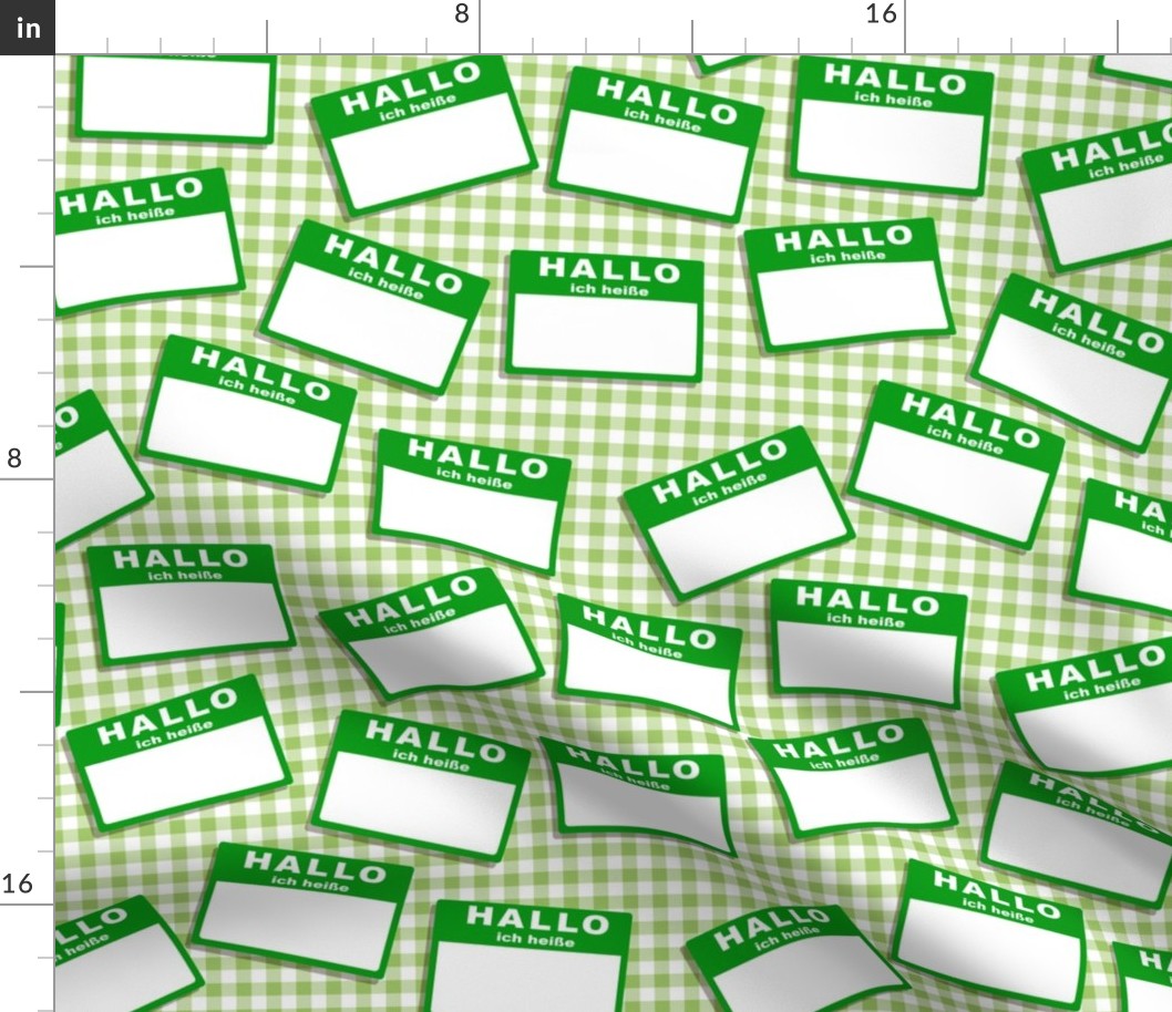 Scattered German 'hello my name is' nametags - green on gingham