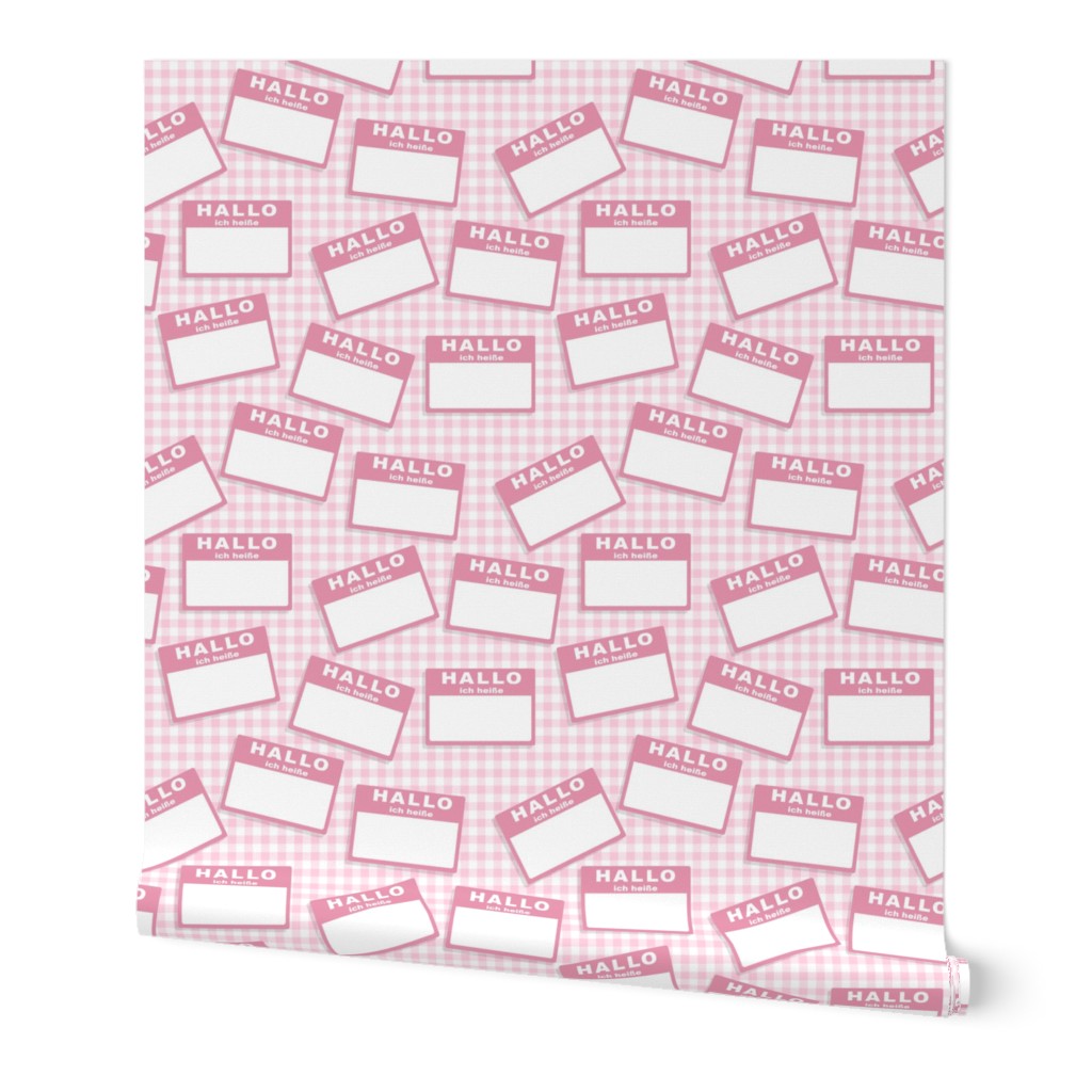 Scattered German 'hello my name is' nametags - light pink on baby pink gingham