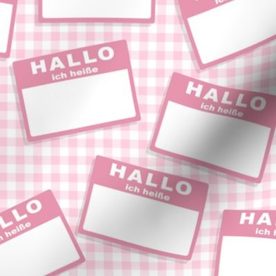 Scattered German 'hello my name is' nametags - light pink on baby pink gingham