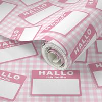 Scattered German 'hello my name is' nametags - light pink on baby pink gingham