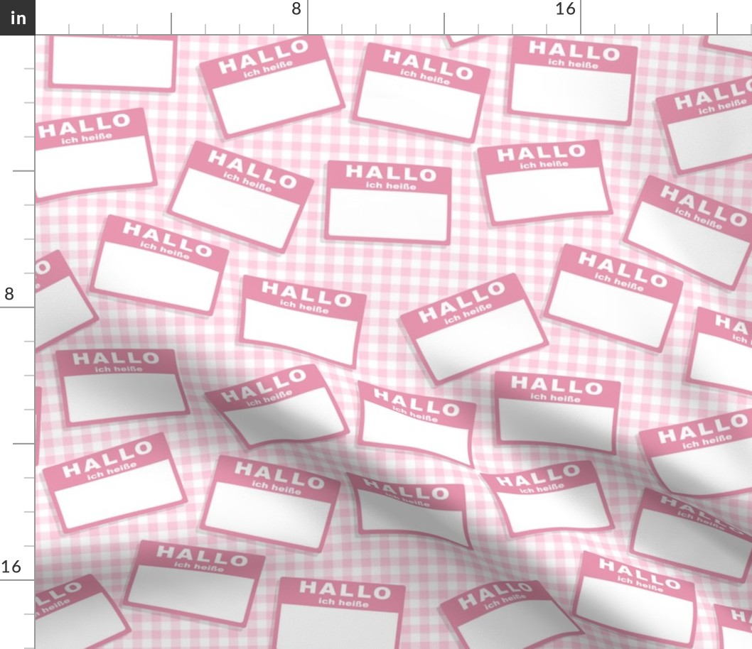 Scattered German 'hello my name is' nametags - light pink on baby pink gingham