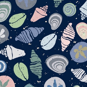 Deep Space Sea Shells:  seashells, pastels on deep blue, Large Scale