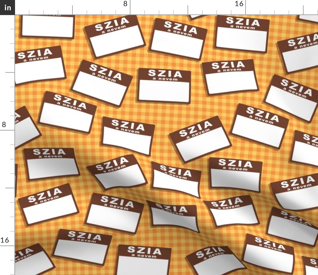 Scattered Hungarian 'hello my name is' nametags - brown on yellow/orange gingham