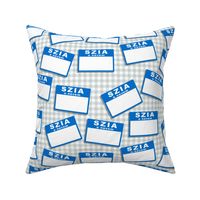 Scattered Hungarian 'hello my name is' nametags - blue on gingham