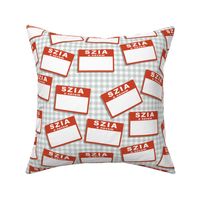 Scattered Hungarian 'hello my name is' nametags - red on grey gingham