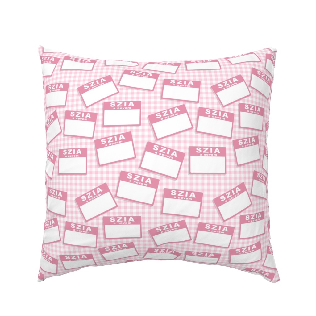 Scattered Hungarian 'hello my name is' nametags - light pink on baby pink gingham