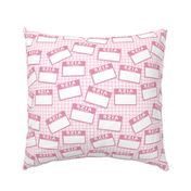 Scattered Hungarian 'hello my name is' nametags - light pink on baby pink gingham