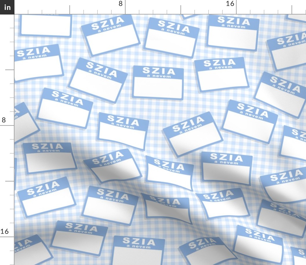 Scattered Hungarian 'hello my name is' nametags -  light blue on baby blue gingham