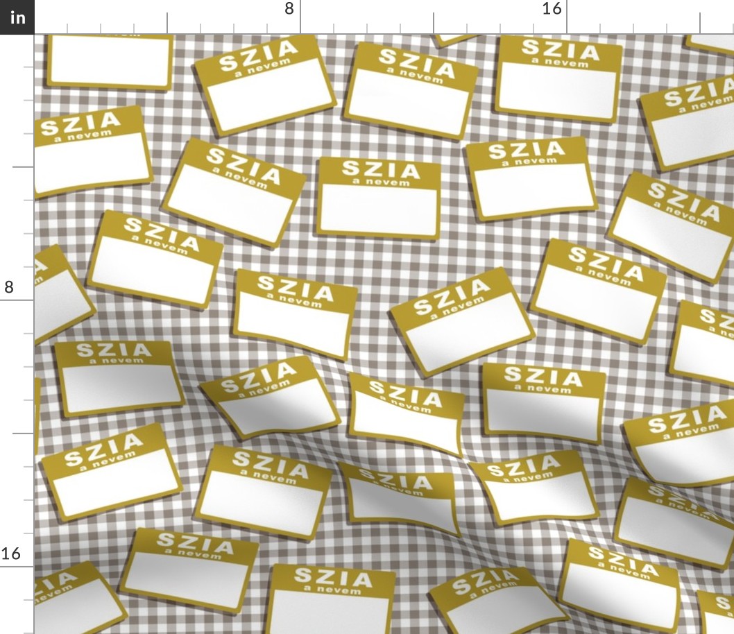 Scattered Hungarian 'hello my name is' nametags - mustard on grey gingham